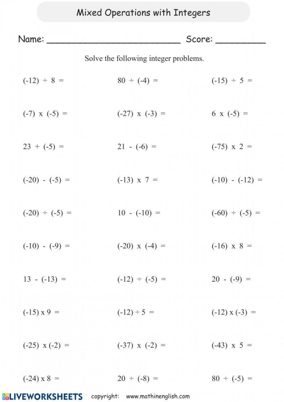 Operations with Integers worksheet  Live Worksheets