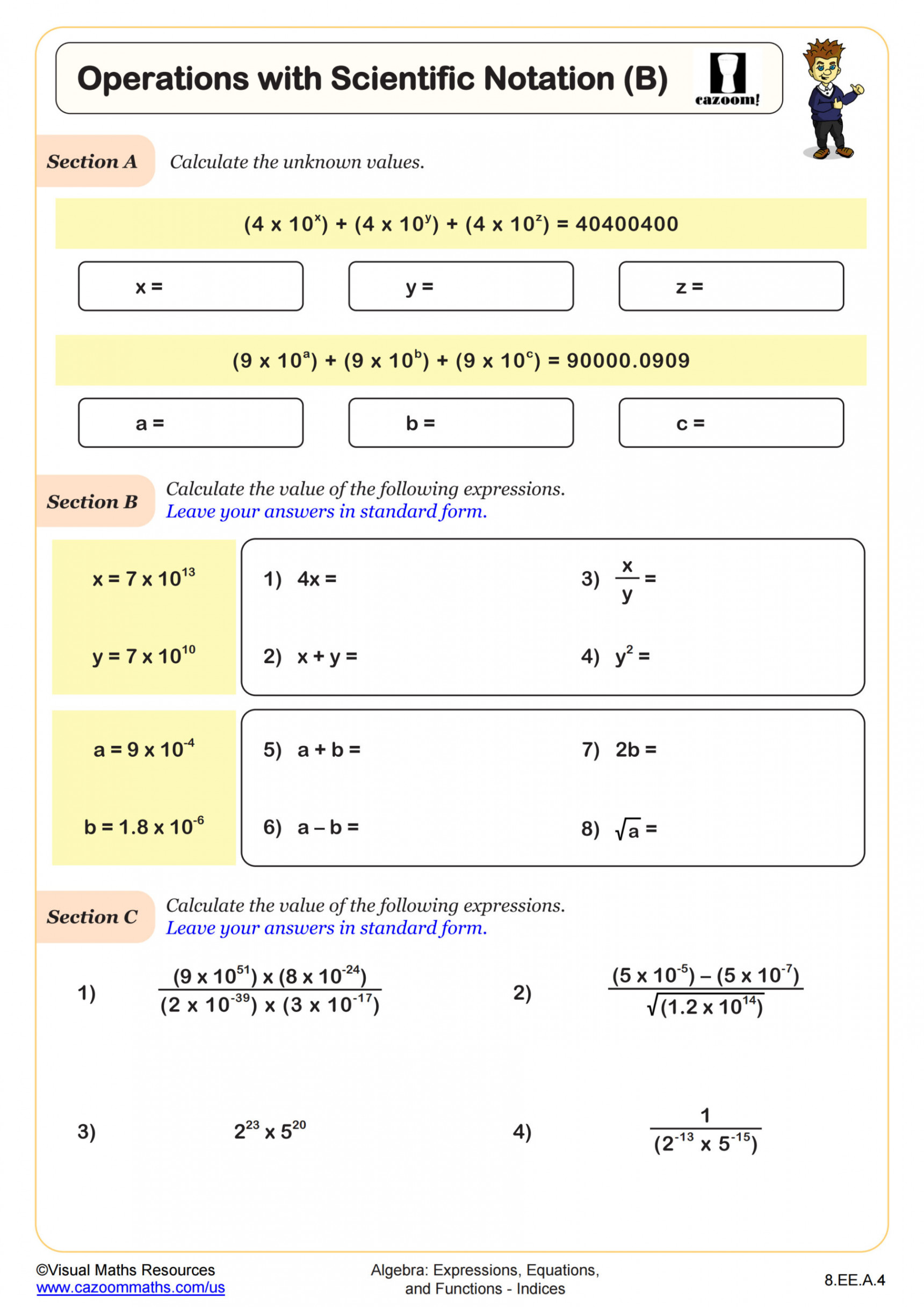 Operations with Scientific Notation (B) Worksheet  PDF Printable