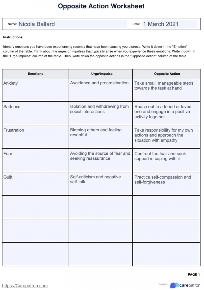 Opposite Action DBT Worksheet & Example  Free PDF Download