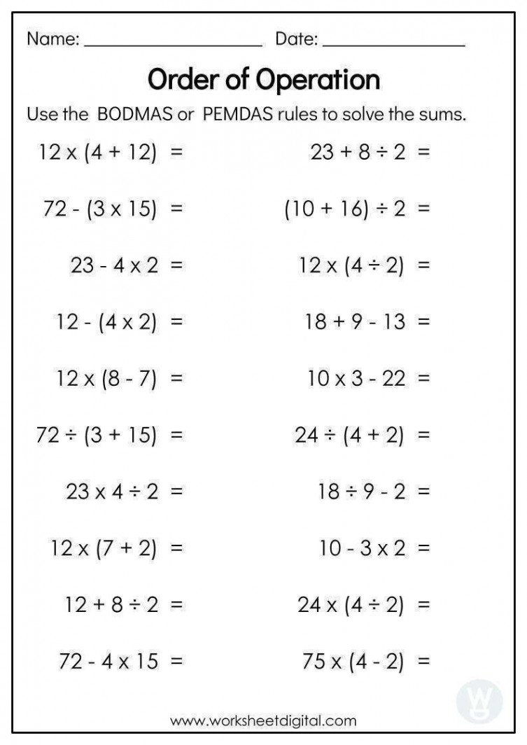 Order of Operation - Worksheet Digital