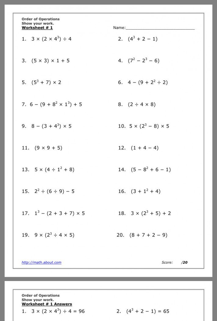 Order of Operations Worksheet  Act math, Math worksheets, Order