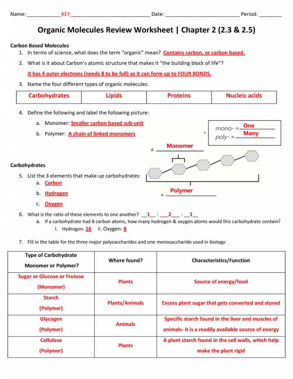 Organic Molecules Review Worksheet Chapter  (