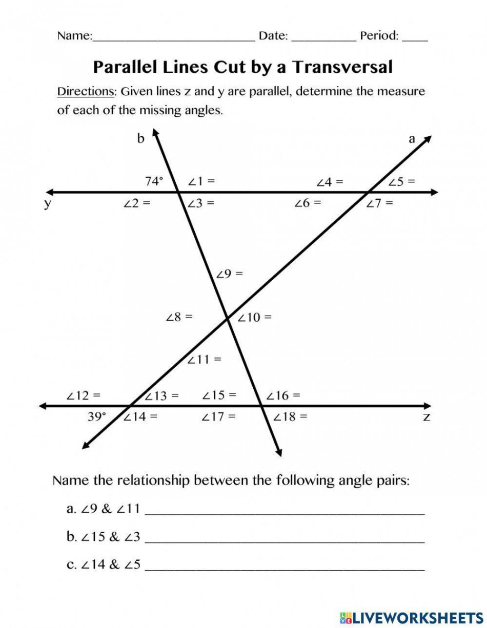 Parallel Lines cut by a transversal worksheet  Live Worksheets