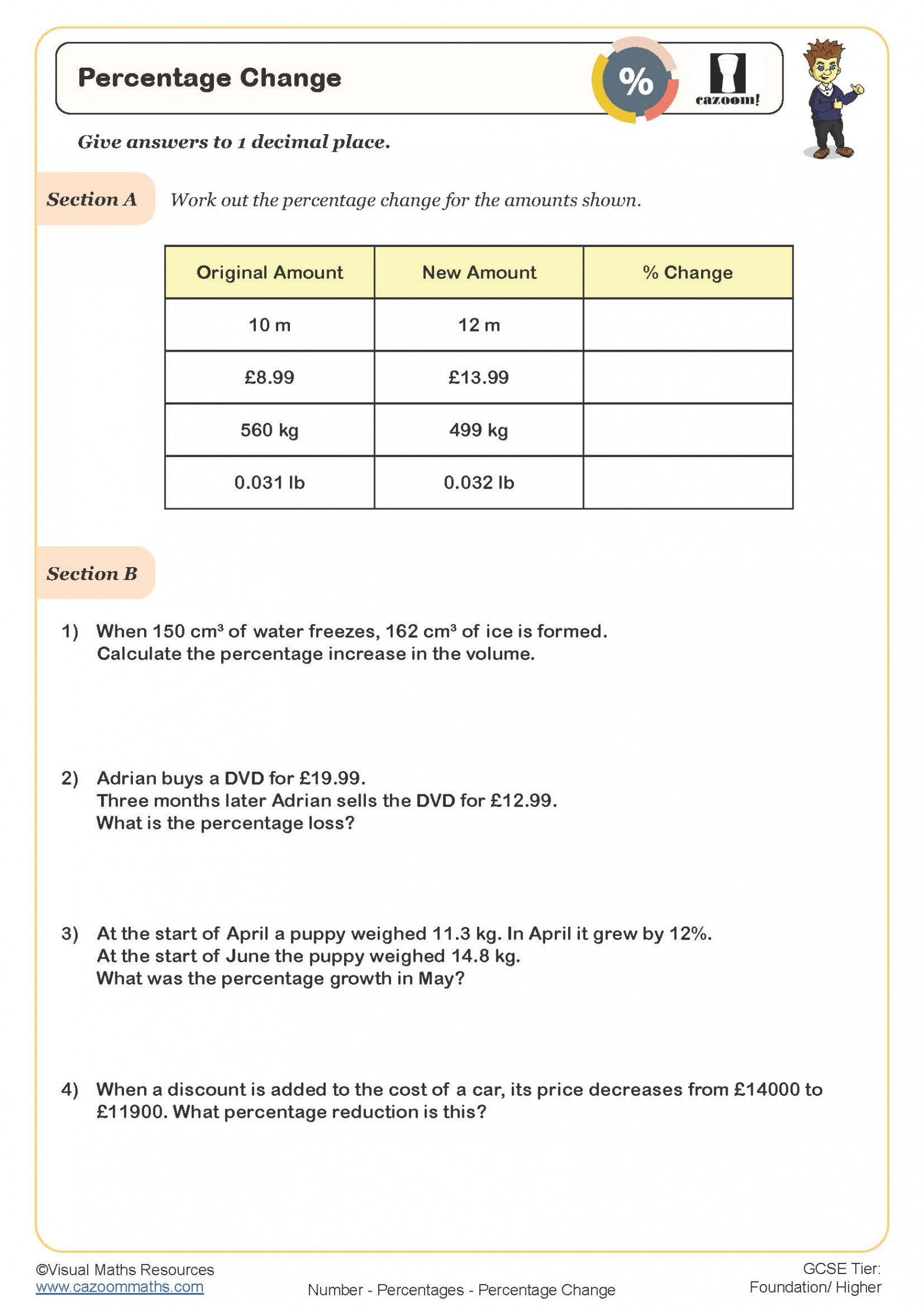 Percentage Change Worksheet  Cazoom Maths Worksheets