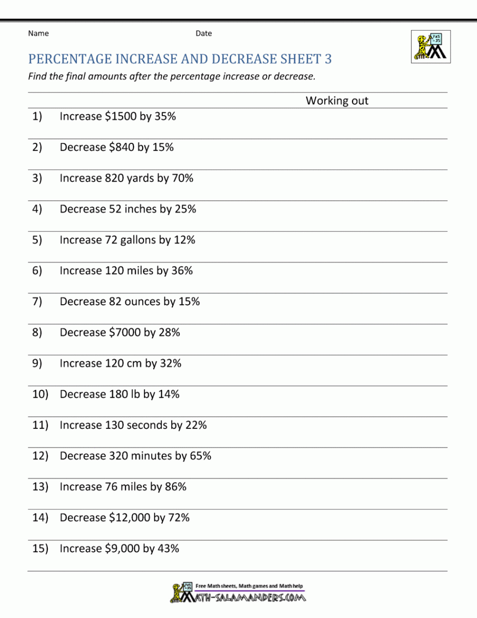 Percentage Increase and Decrease Worksheets