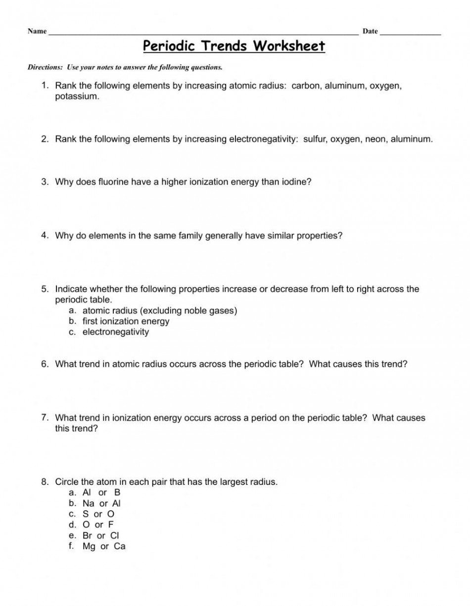 Periodic trends worksheet  Live Worksheets
