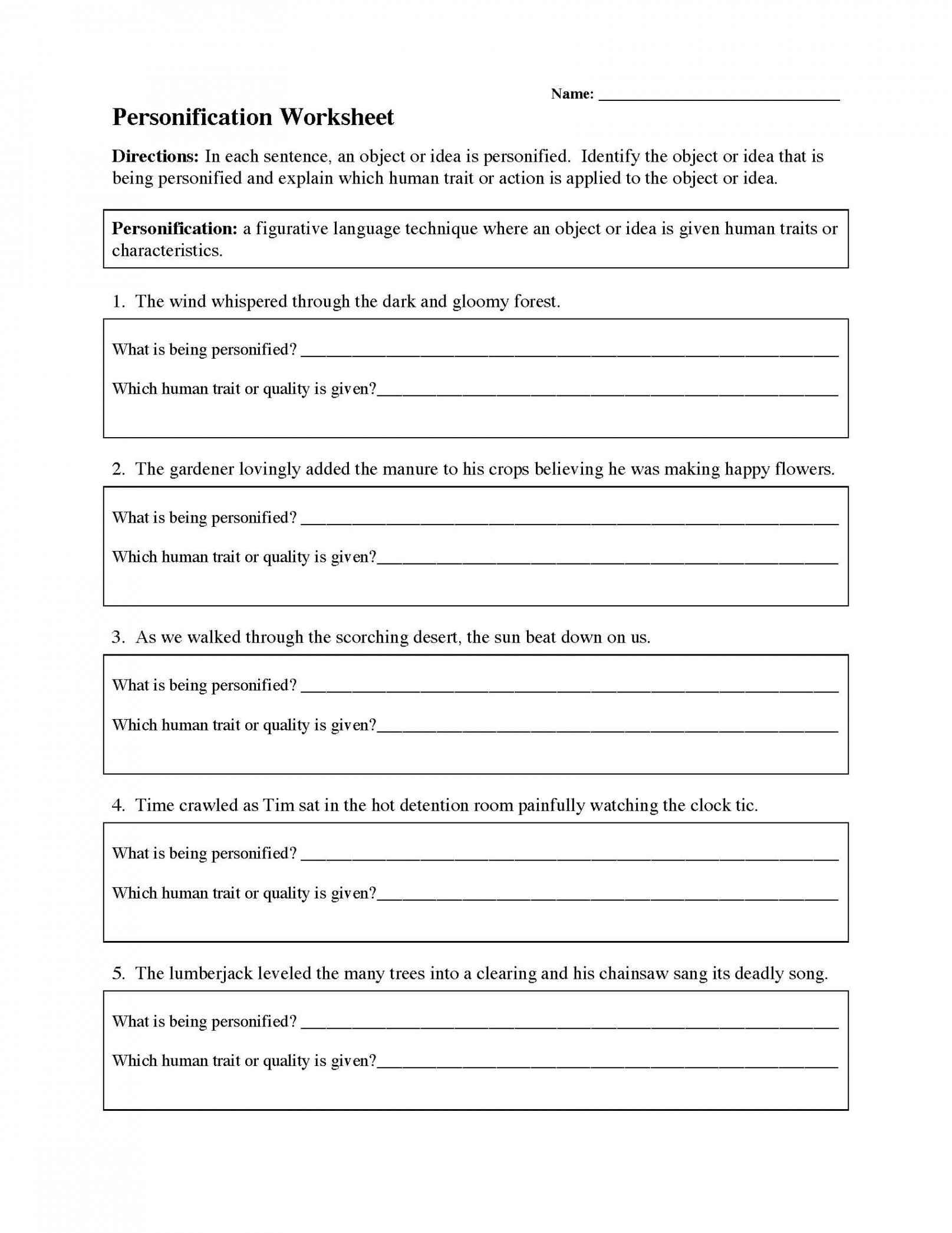 Personification Worksheet   Figurative Language Activity