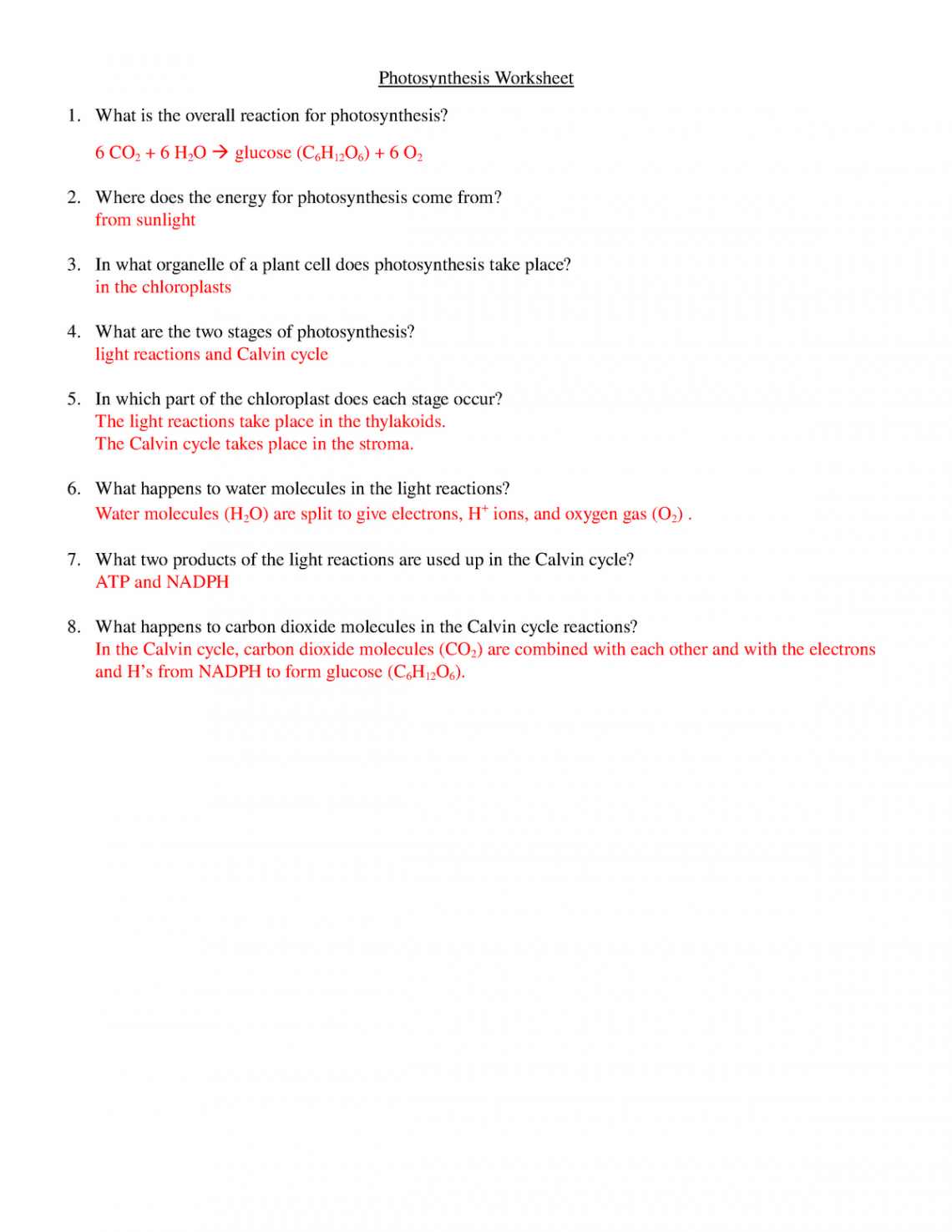 Photosynthesis Worksheet answer key - Photosynthesis Worksheet