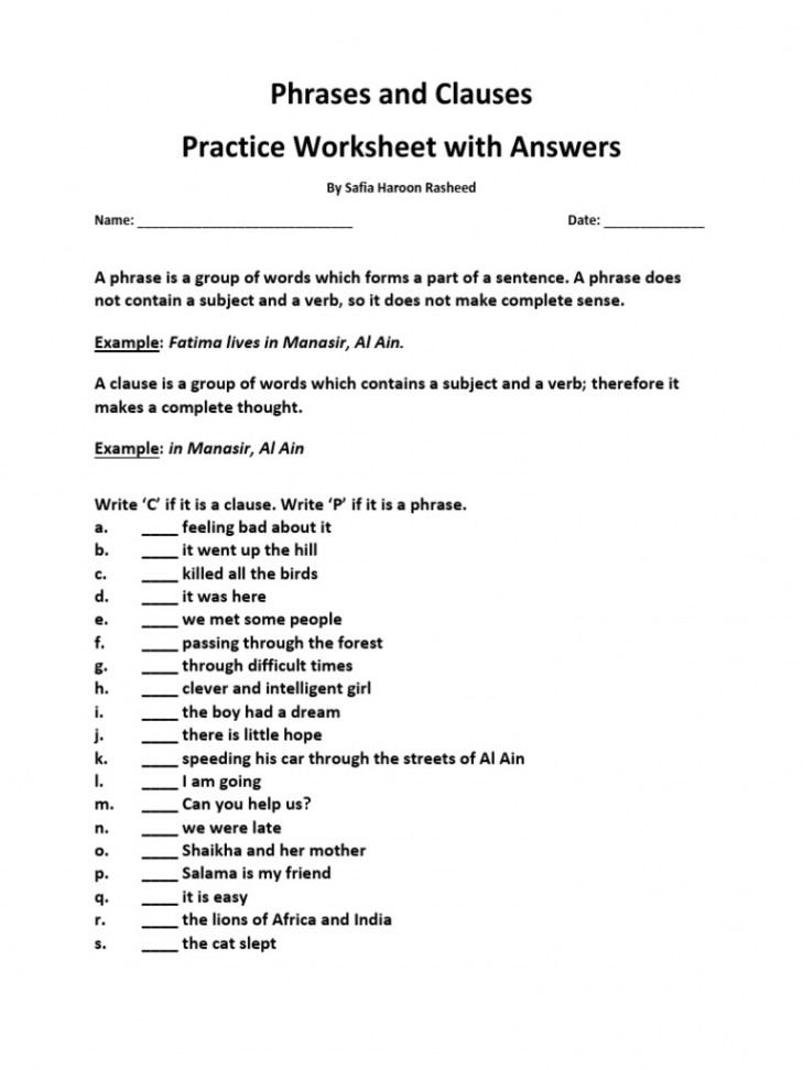 Phrases and Clauses Practice Worksheet  PDF