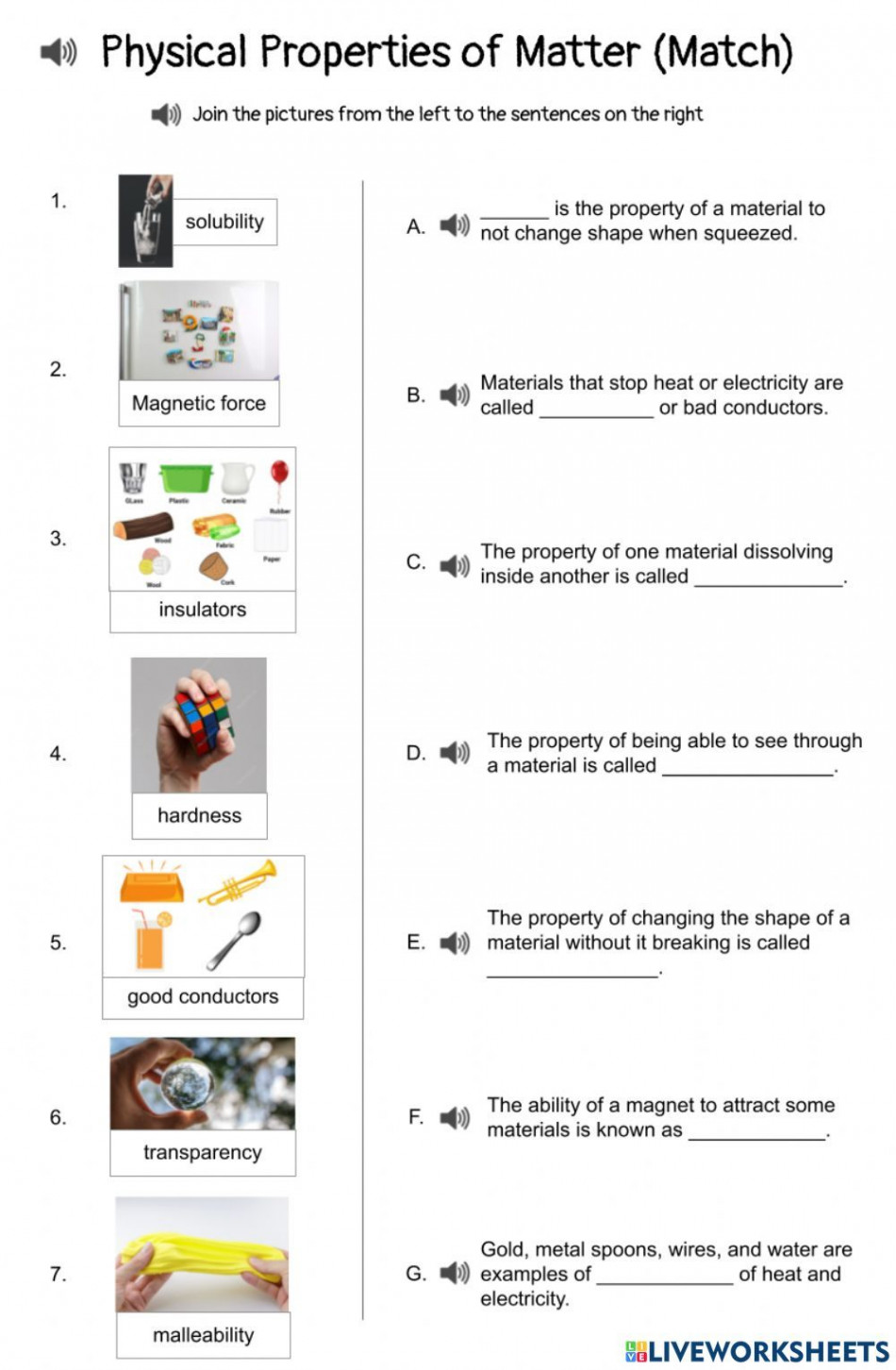 Physical Properties Of Matter Worksheet in   Physical