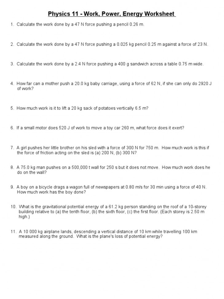 Physics  - Work, Power, Energy Worksheet  PDF  Kinetic Energy