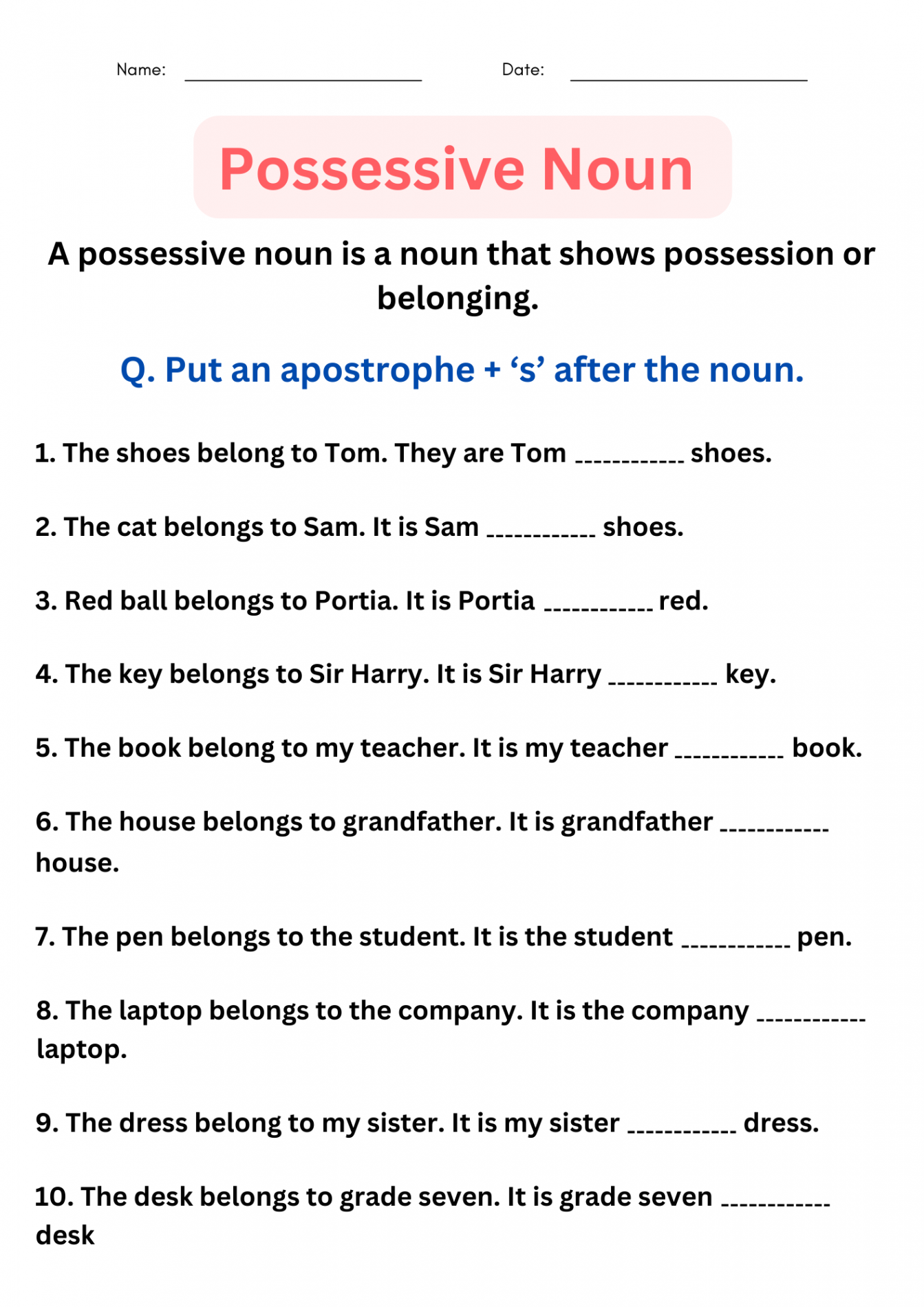 possessive nouns worksheets with answers - Digital and Printable for grade  ,