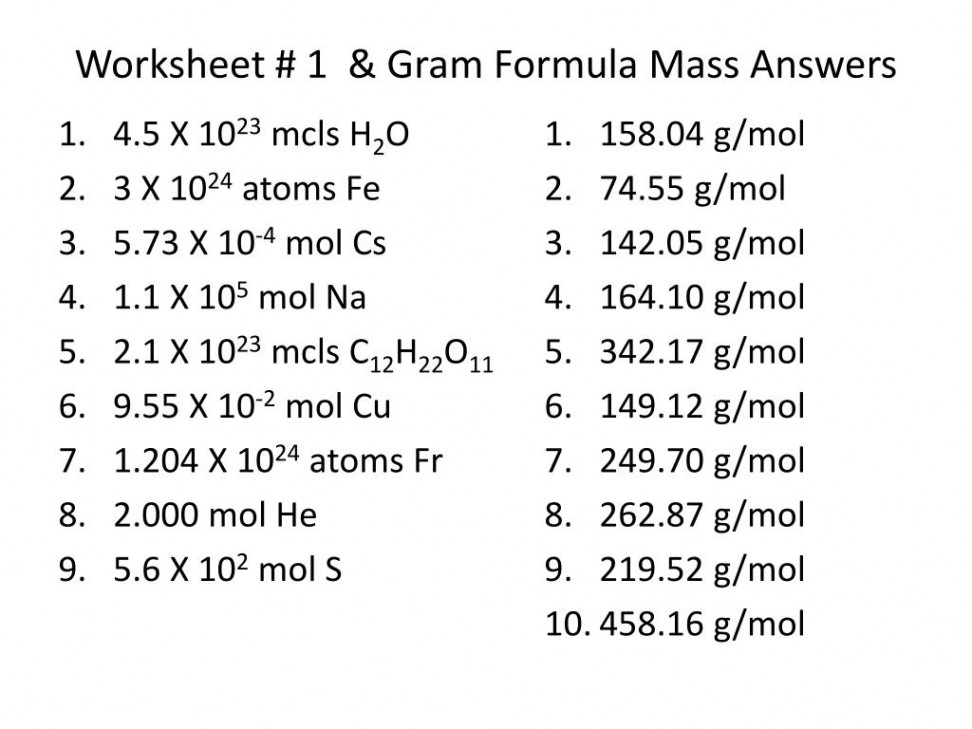 PPT - Worksheet #  &amp; Gram Formula Mass Answers PowerPoint