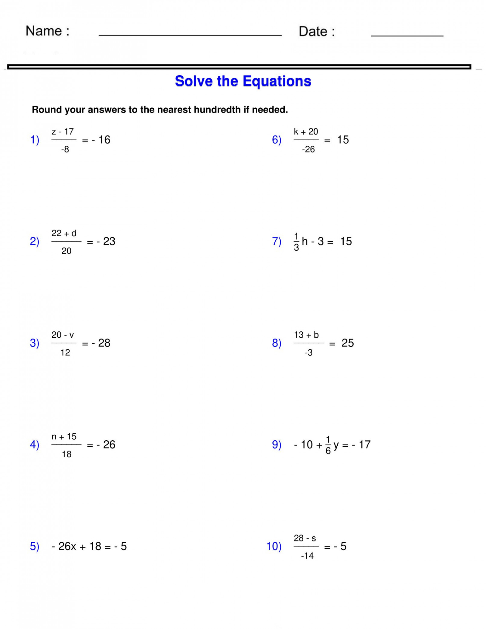 Pre-Algebra - Equations - Two Step Equations Containing Integers Worksheets