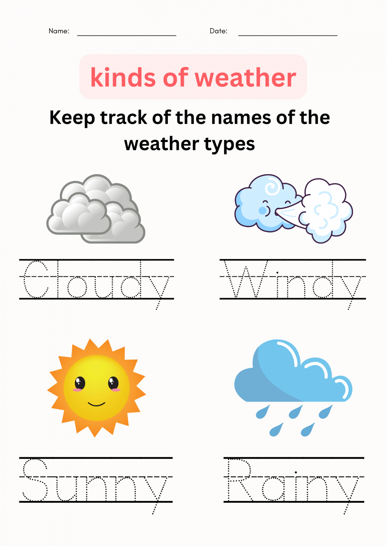 printable matching and tracing kinds of weather worksheet for grade