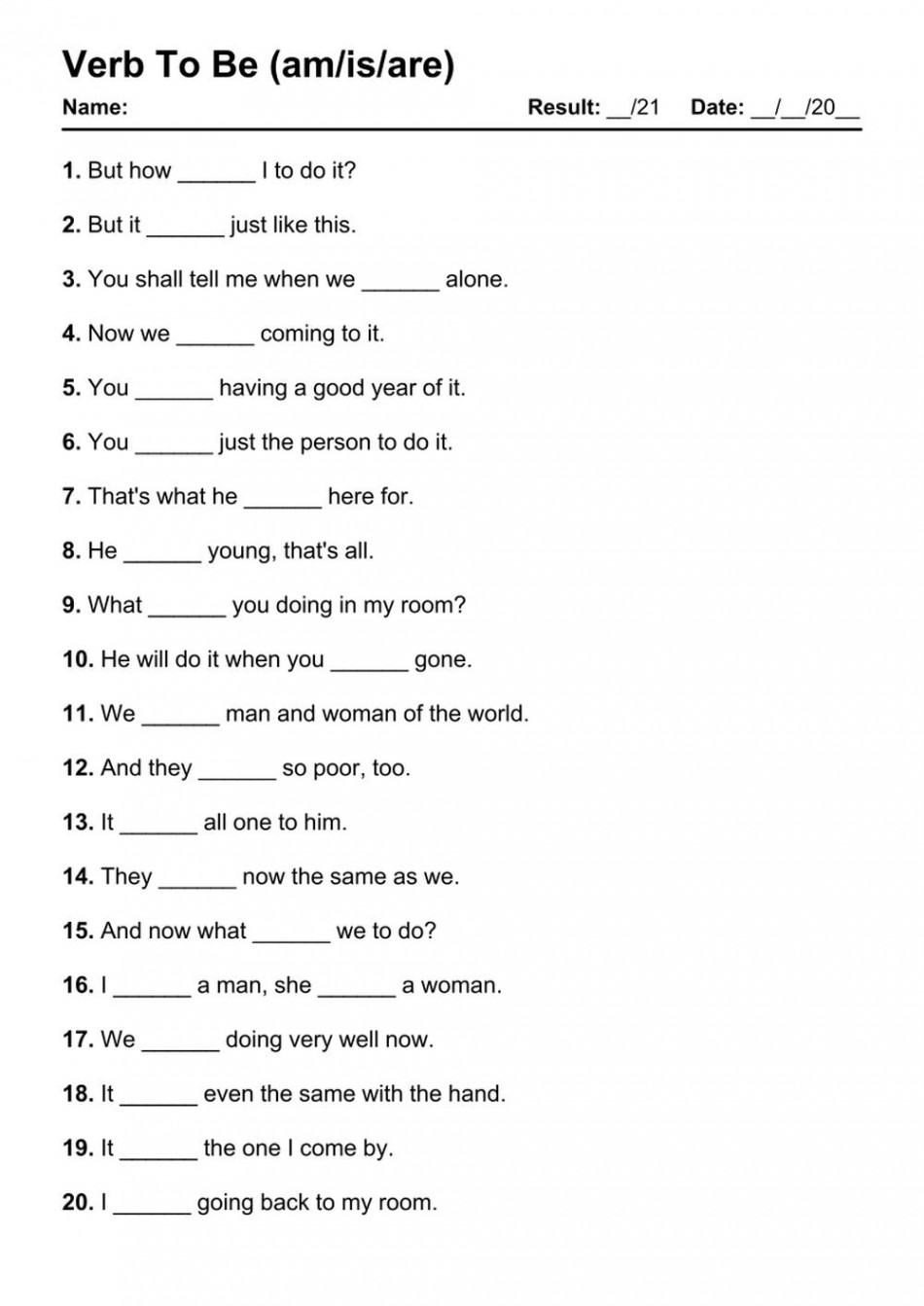 Printable Verb To Be PDF Worksheets with Answers - Grammarism