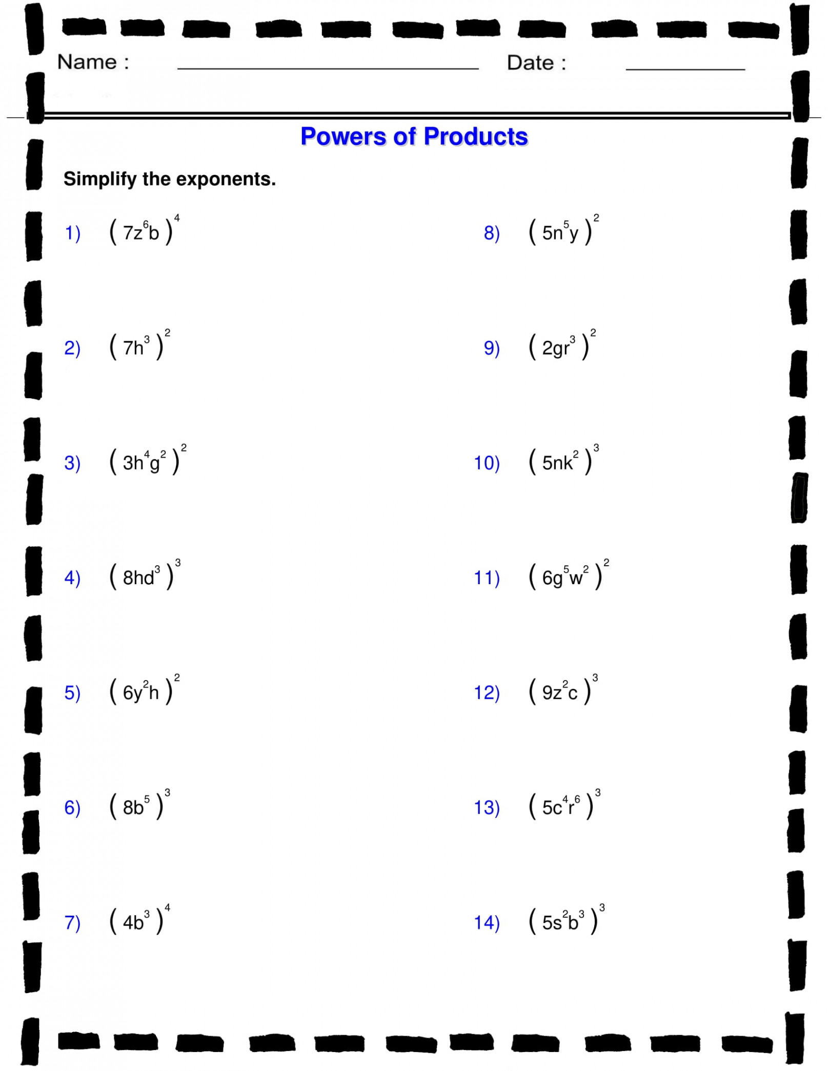 Products to a Power Worksheets - Algebra  - Exponents -  ,  and  Terms