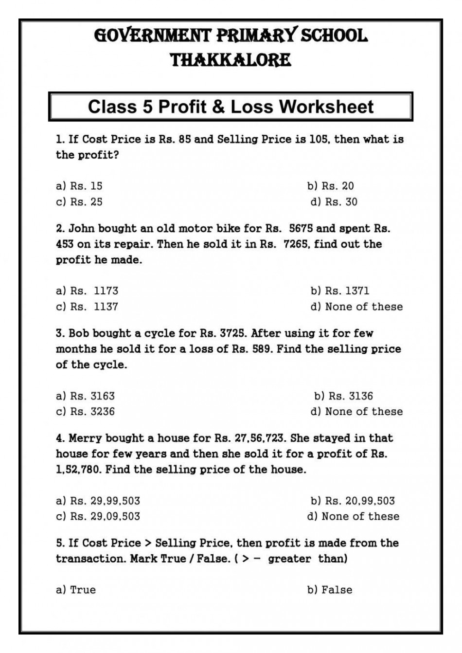 Profit and loss activity  Live Worksheets