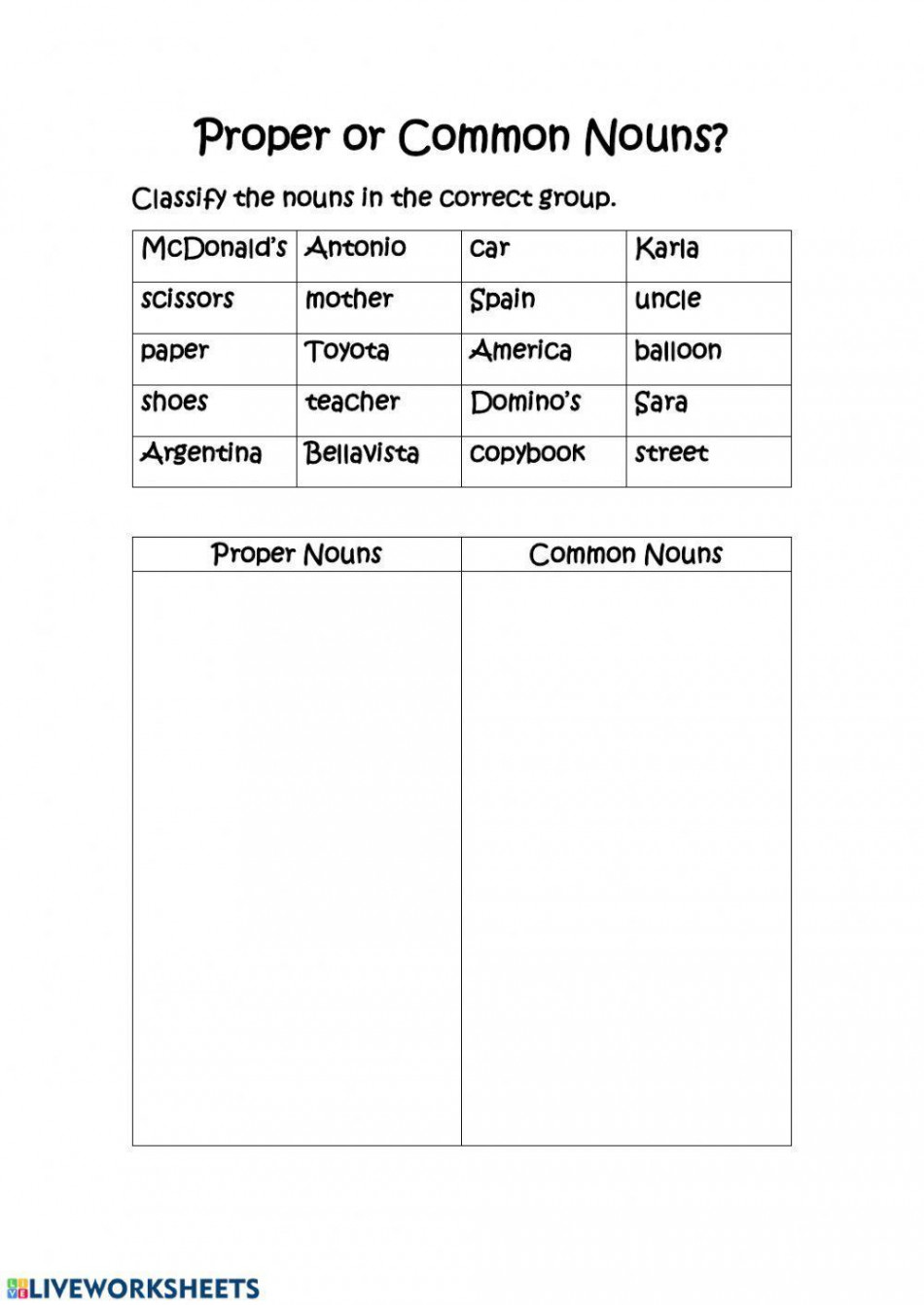 Proper or Common Nouns? worksheet  Live Worksheets