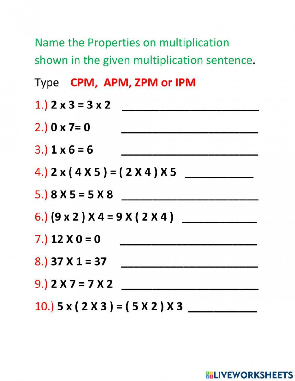 Properties of multiplication online worksheet for Grade   Live