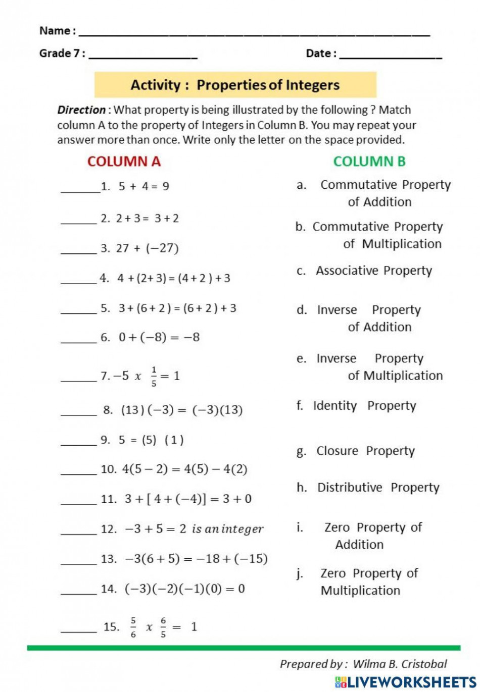 Properties of Operation in Integers worksheet  Live Worksheets