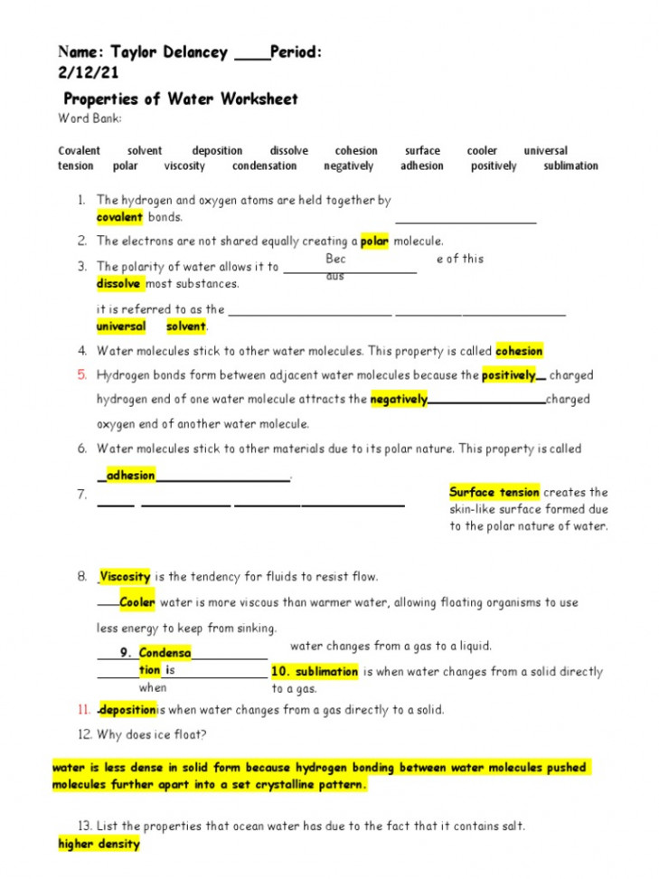 Properties of Water Worksheet  PDF  Properties Of Water