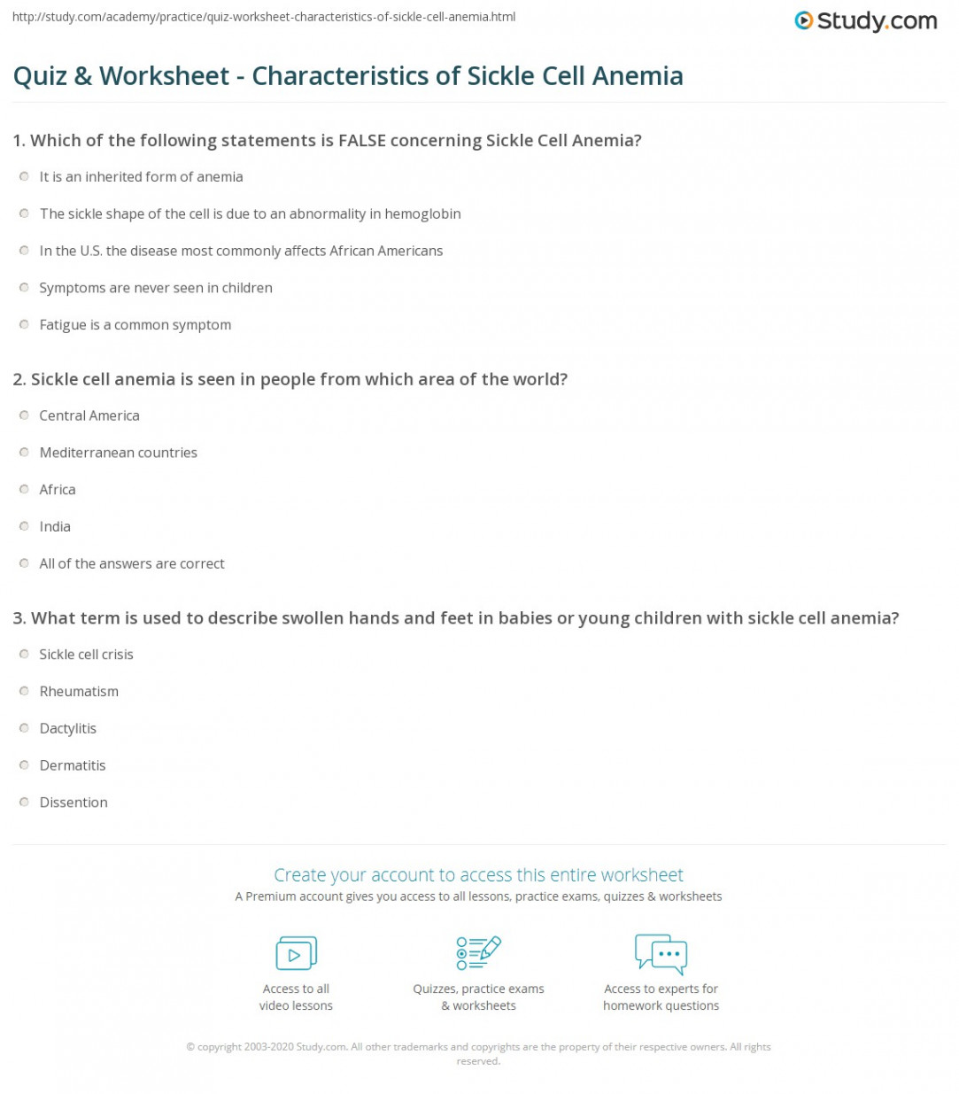 Quiz & Worksheet - Characteristics of Sickle Cell Anemia  Study