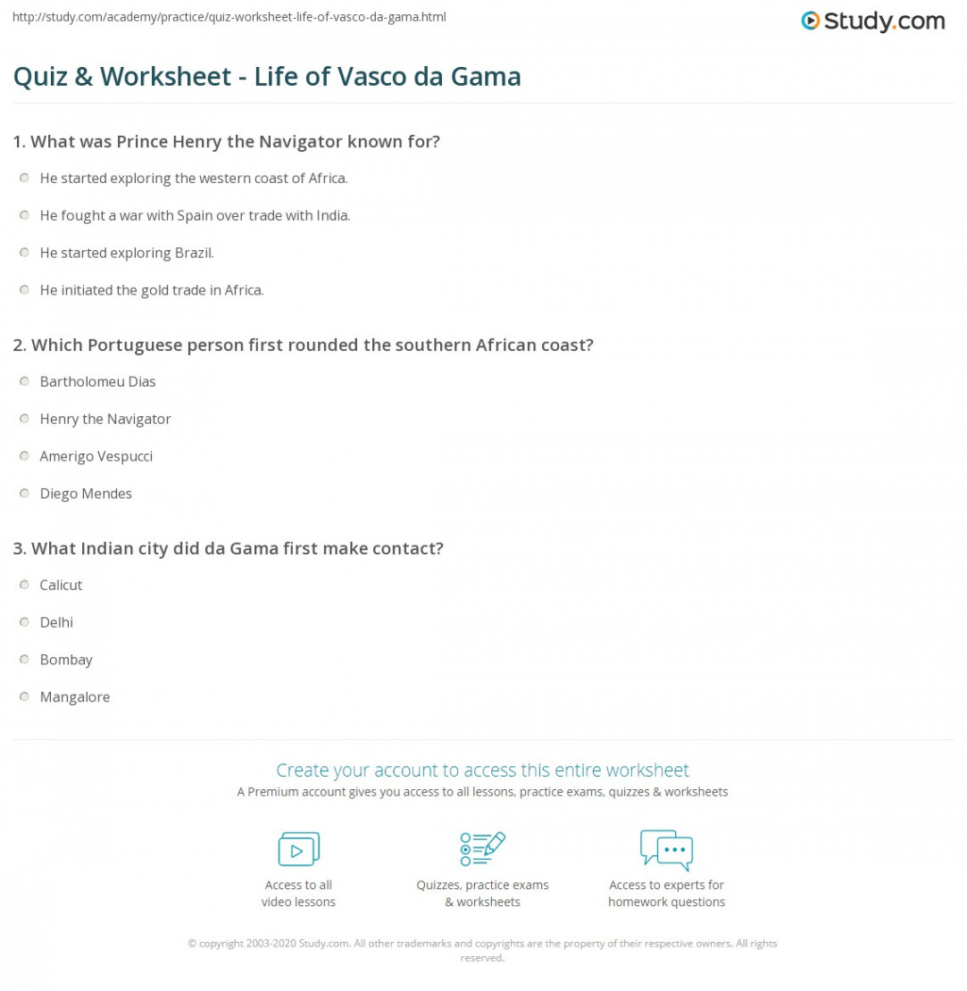 Quiz & Worksheet - Life of Vasco da Gama  Study