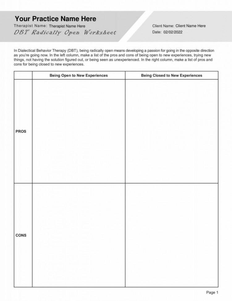 Radically Open (RO) DBT Worksheet PDF - TherapyByPro