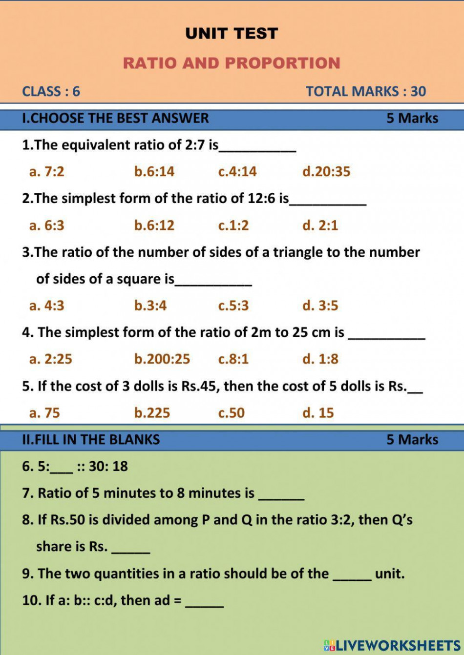 Ratio and proportion worksheet for Grade   Live Worksheets