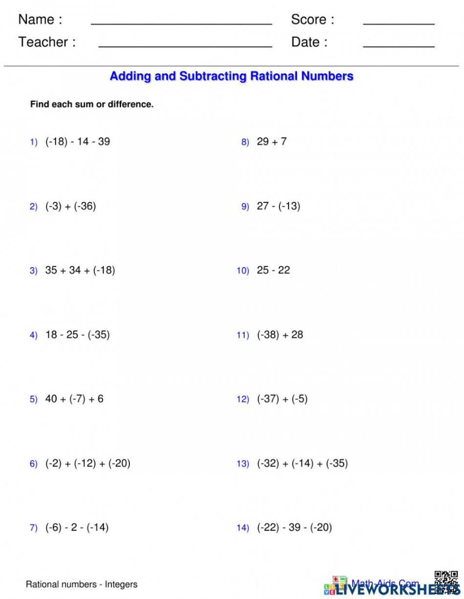 Rational-Integers: Add-Sub Rational numbers worksheet  Live