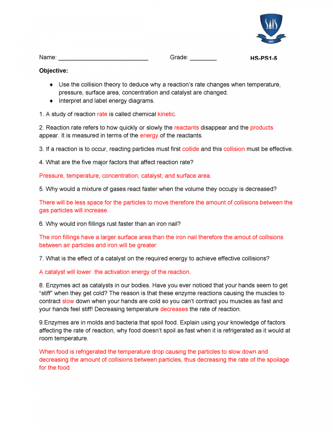 Reaction rates answerkey - Name: Grade: ______ Objective:  Use