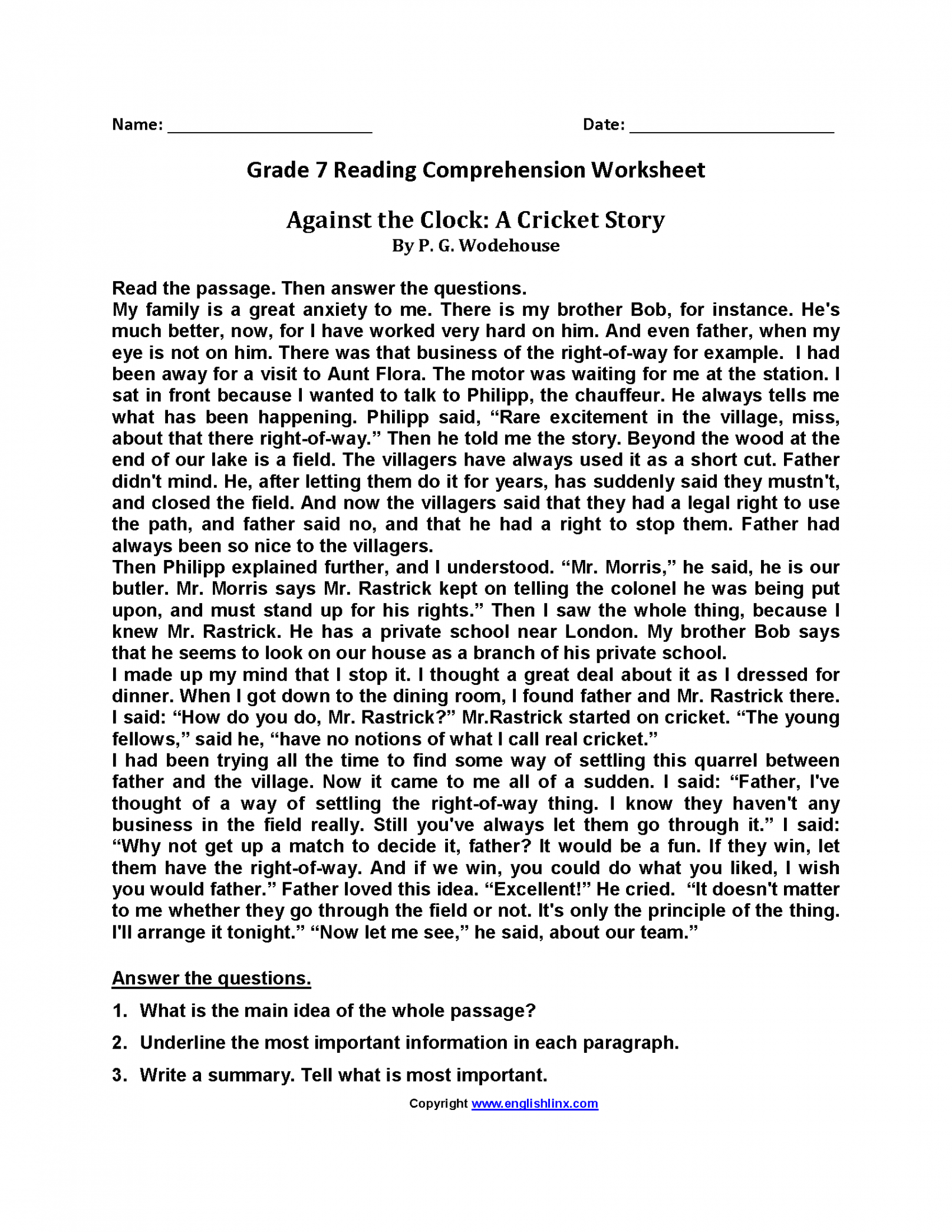 Reading Worksheets  Seventh Grade Reading Worksheets