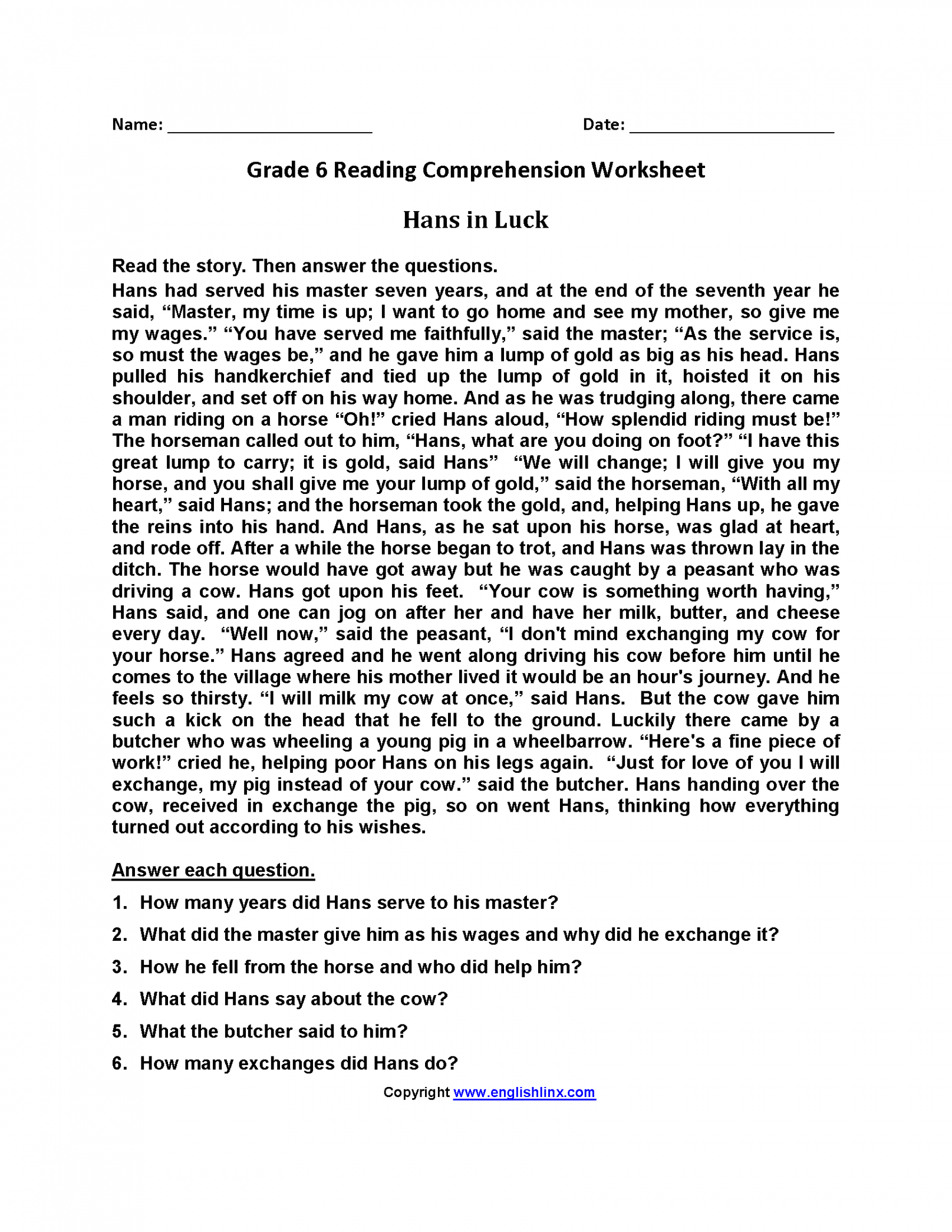 Reading Worksheets  Sixth Grade Reading Worksheets