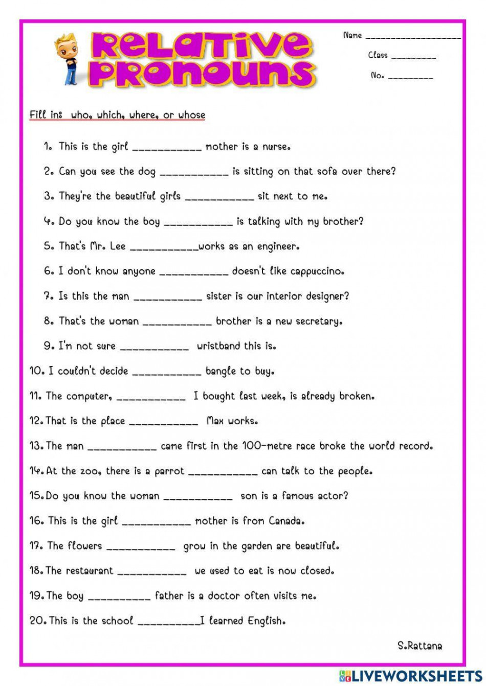 Relative pronoun online worksheet for -  Live Worksheets