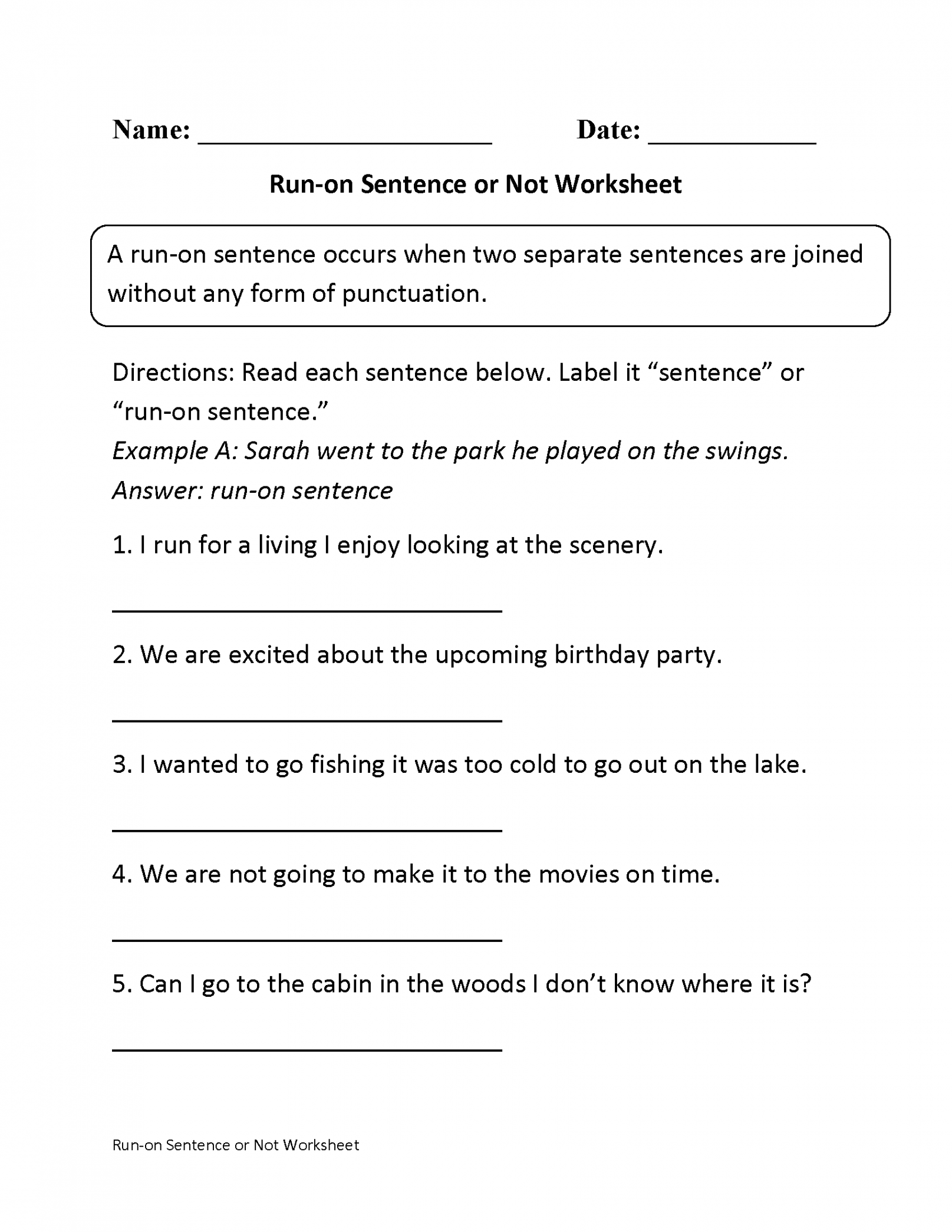 Run on Sentences Worksheets  Run on Sentence or Not Worksheet