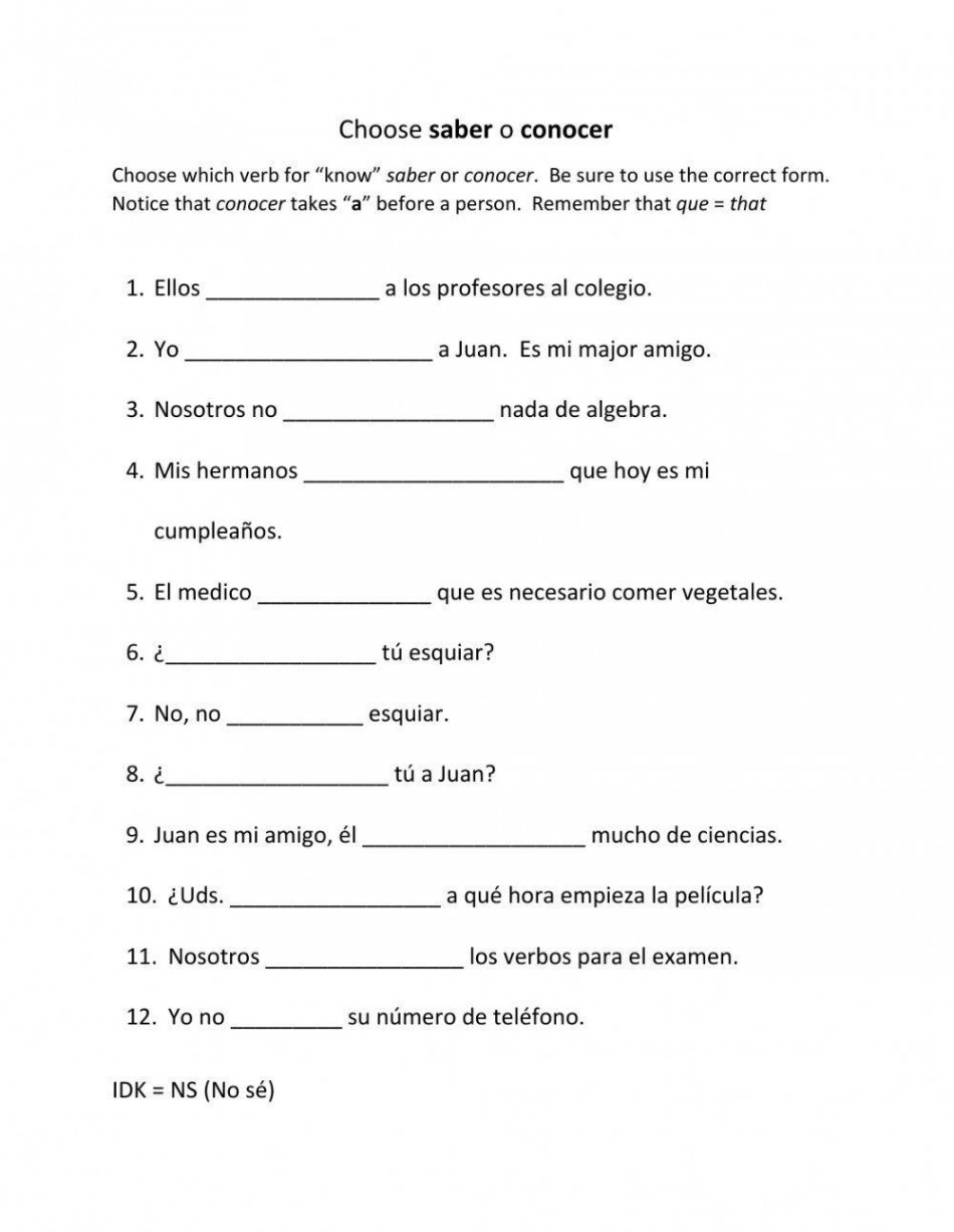 Saber vs conocer fill in the blank worksheet  Live Worksheets