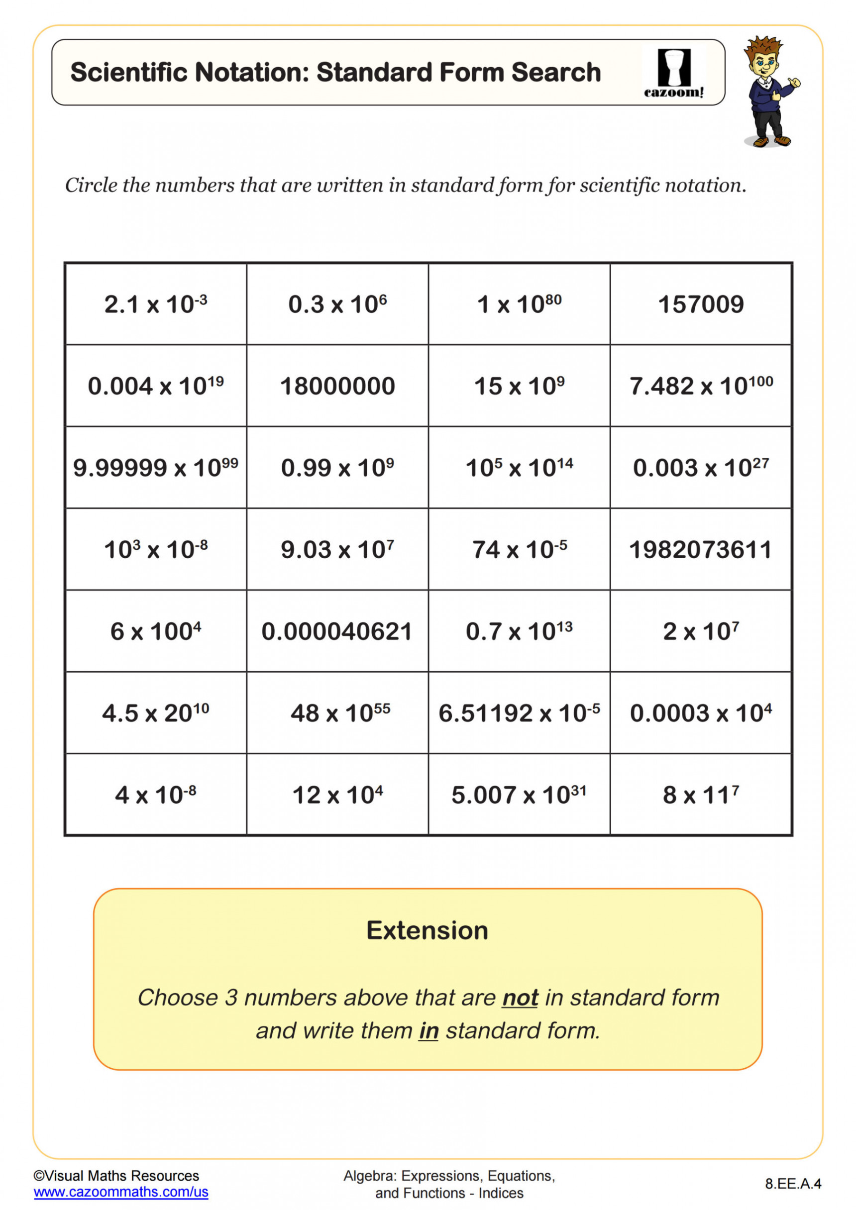 Scientific Notation: Standard Form Search Worksheet  th Grade