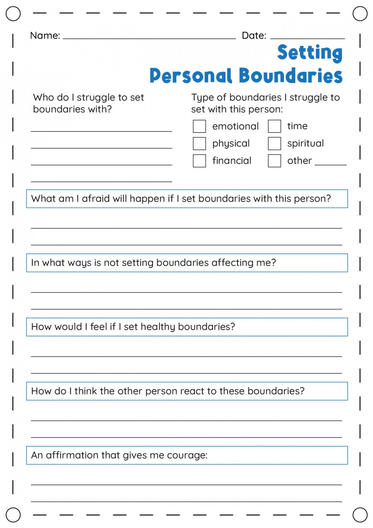 Setting Personal Boundaries Worksheets in   Mental health