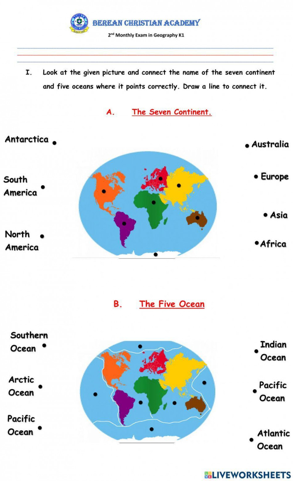 Seven continent and five ocean worksheet  Live Worksheets