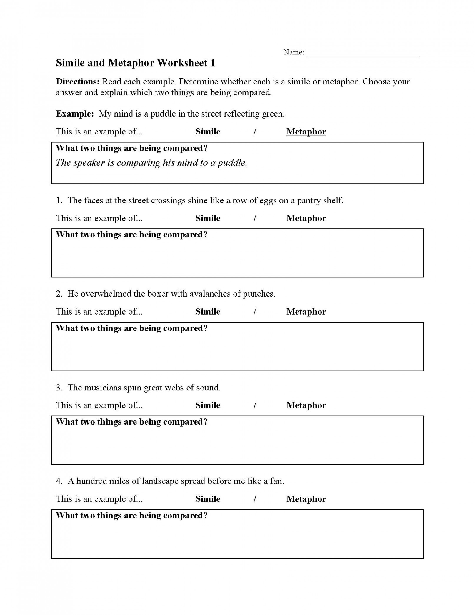 Simile and Metaphor Worksheet   Figurative Language Activity