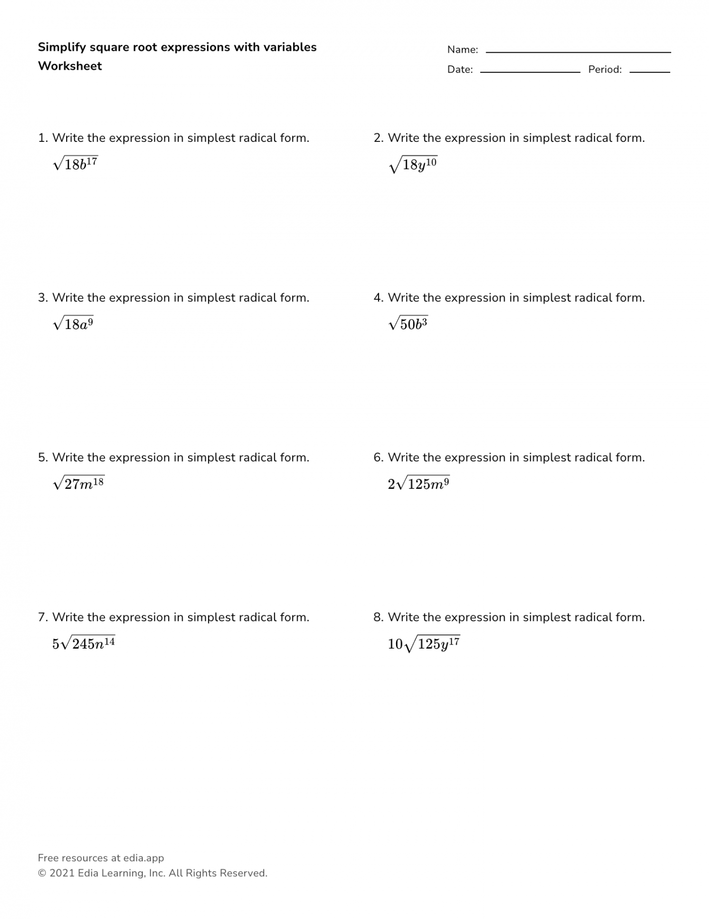 Simplify Square Root Expressions With Variables - Worksheet