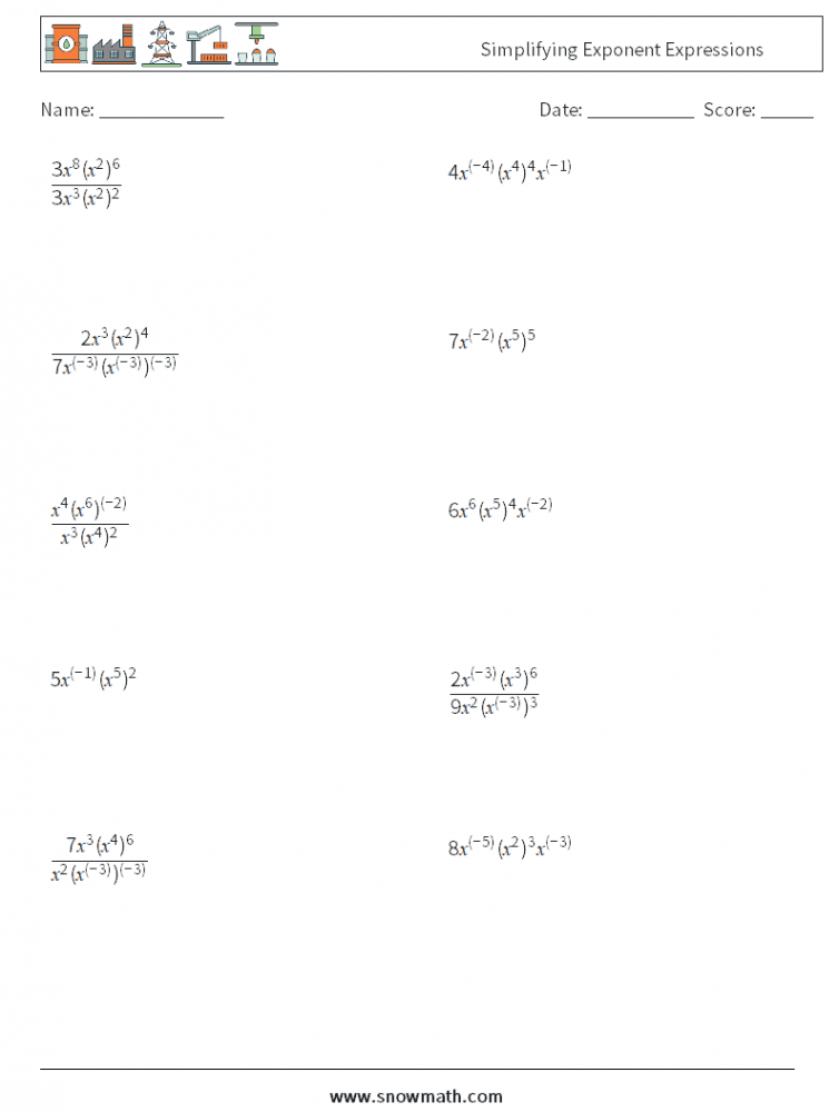 simplifying exponent expressions Math Worksheets, Math Practice