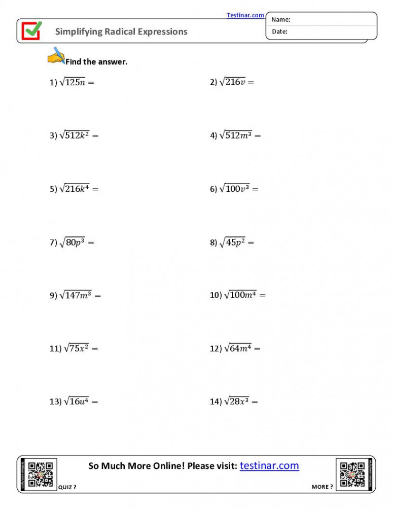 Simplifying Radical Expressions worksheets