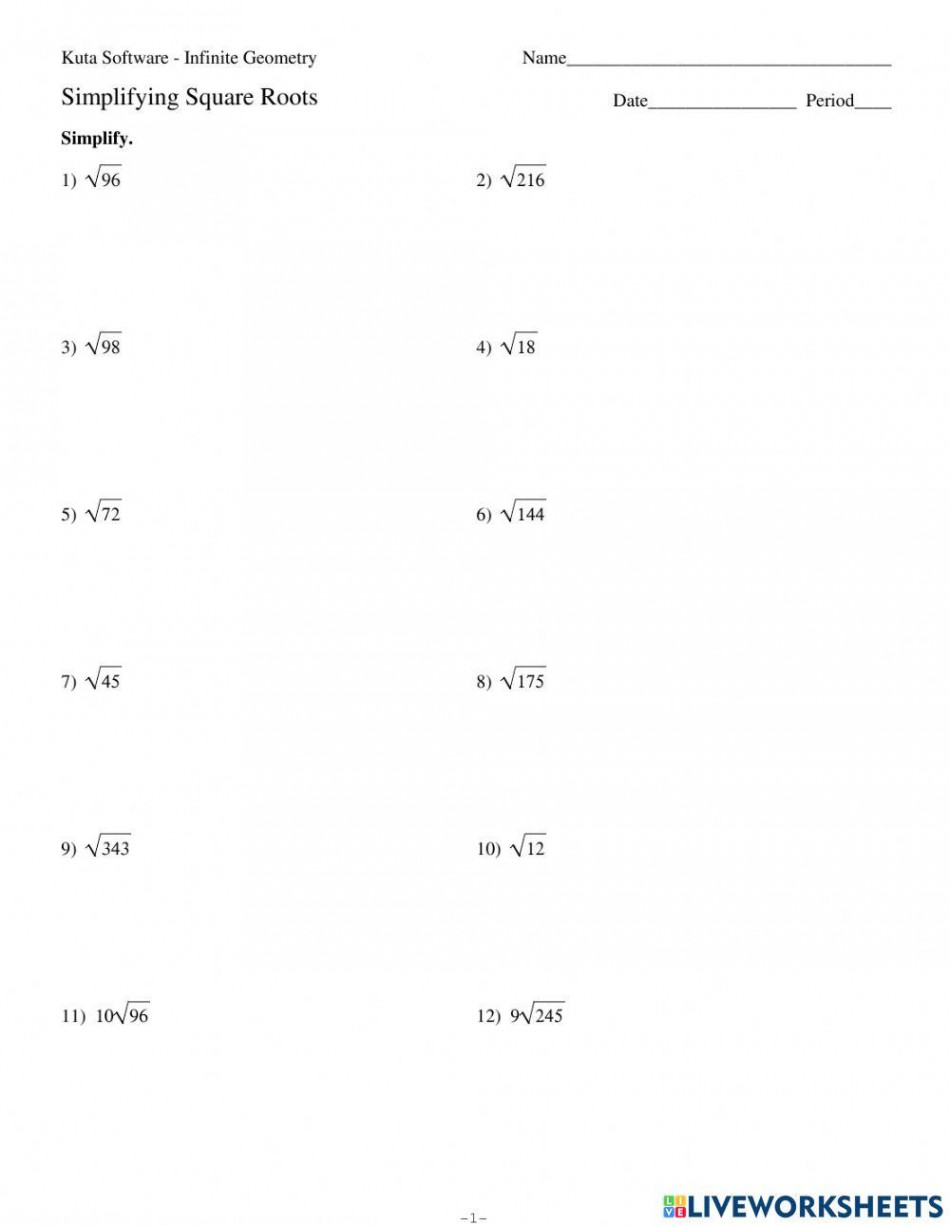 Simplifying Roots worksheet  Live Worksheets