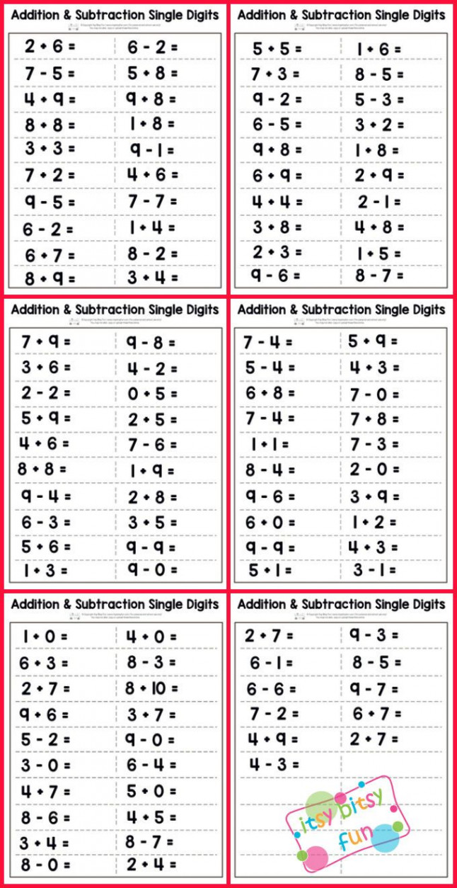 Single Digit Addition and Subtraction Worksheet in   Addition