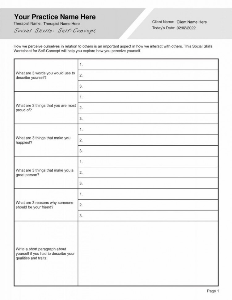 Social Skills Worksheet for Self-Concept - TherapyByPro