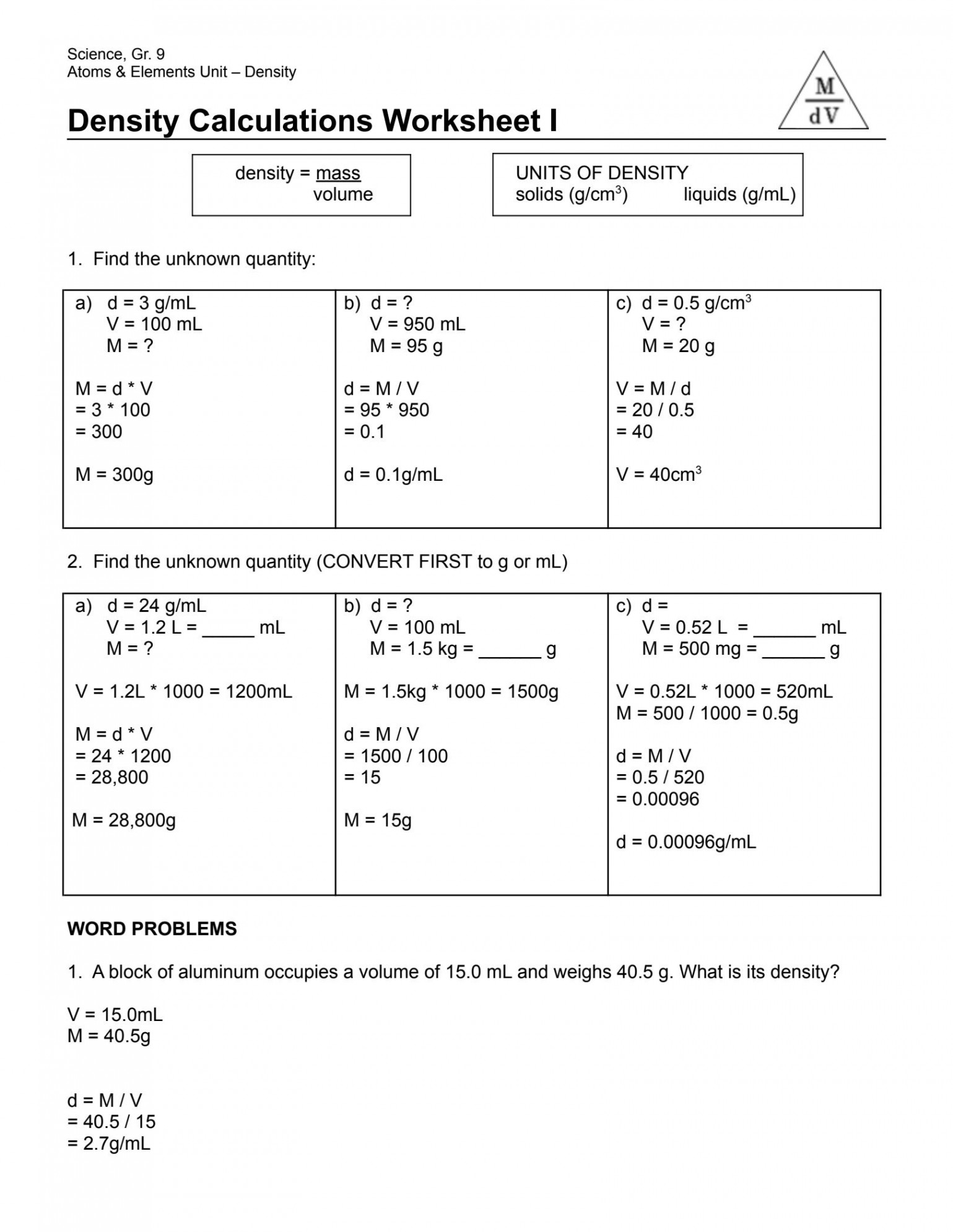 SOLUTION: Density calculations worksheet  - Studypool