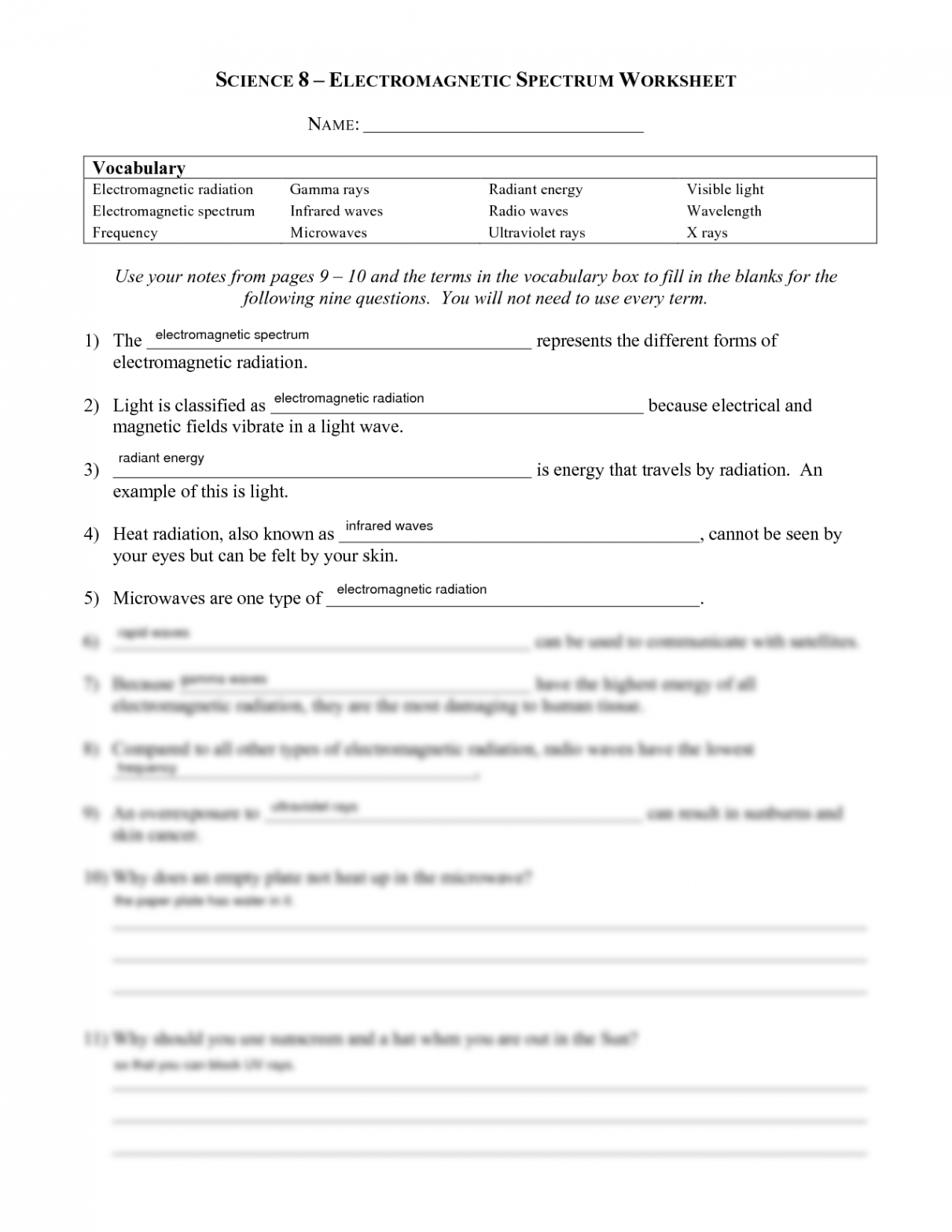 SOLUTION: Electromagnetic Spectrum Worksheet - Studypool