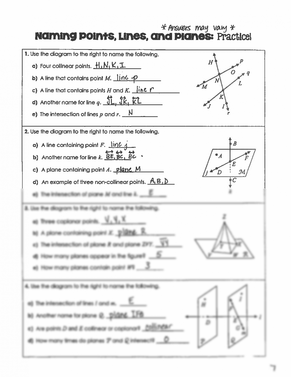 SOLUTION: Points Lines and Planes Worksheet - Studypool